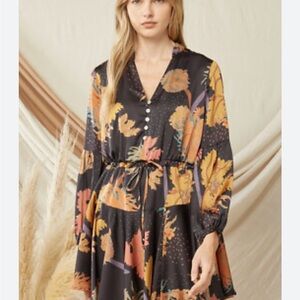 Floral Chocolate Brown and Black Dress with Button Detail Boho Fall Dress